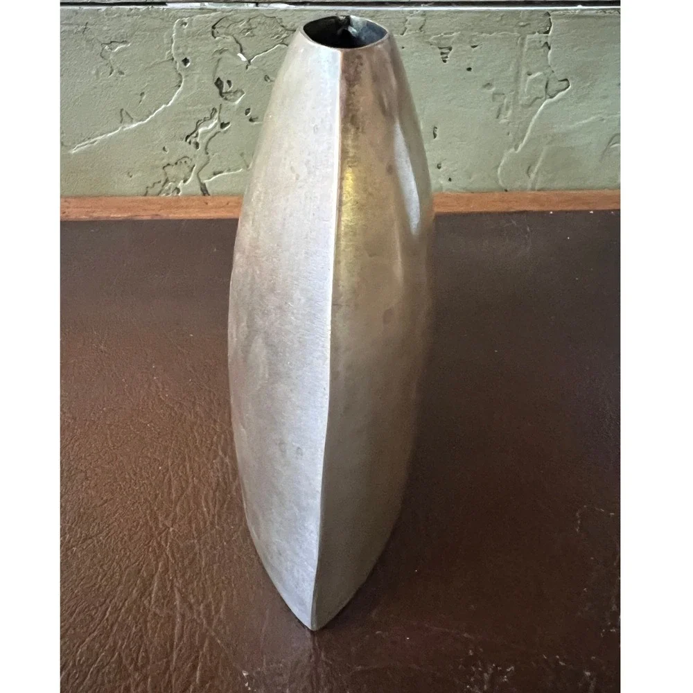 Vintage Aged Modernist Brass Vase Sculptural Elliptical Vessel Mid Century Decor